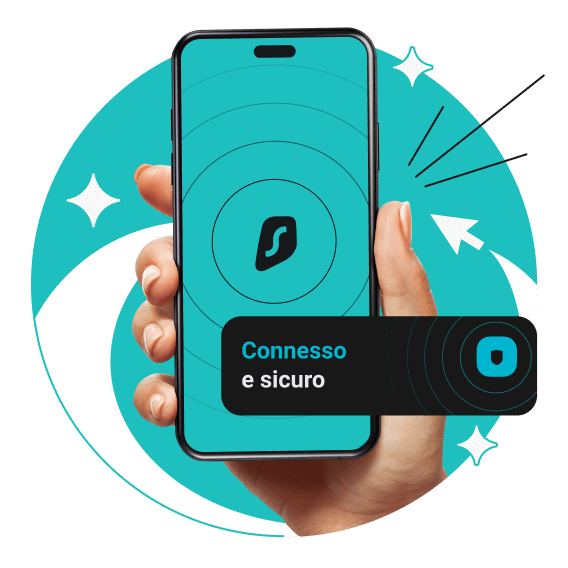 Una mano che tiene uno smartphone con il logo di Surfshark sullo schermo; un cartello davanti ad esso dice connesso e sicuro.