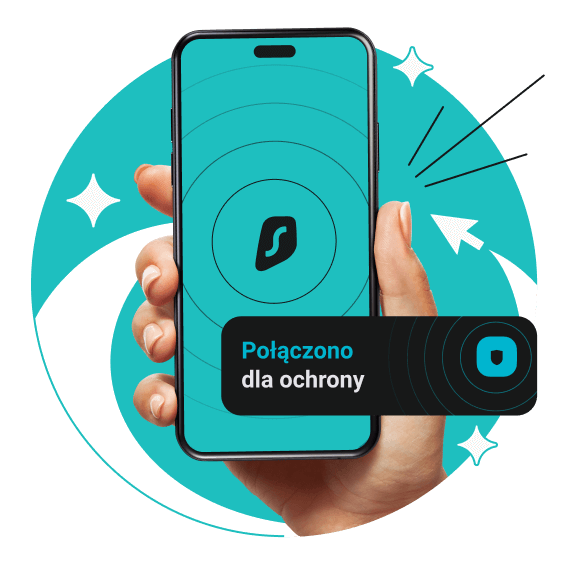 Dłoń trzymająca smartfon z logo Surfshark na ekranie; znak przed nim głosi "połączony i bezpieczny".