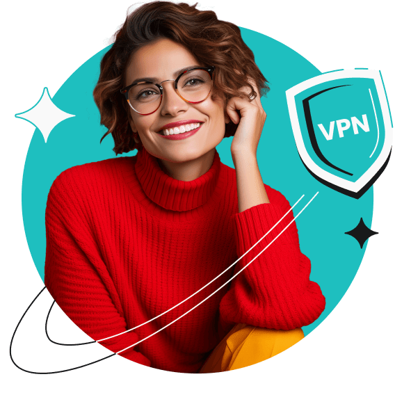빨강 스웨터를 입고 안경을 쓴 웨이브 헤어의 여성이 미소를 짓고 있으며 옆에 지나간 VPN 방패가 있습니다.