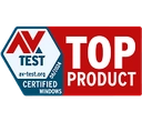 Ein rotes Abzeichen mit der Aufschrift „AV Test Top Product“ in weißer Schrift.