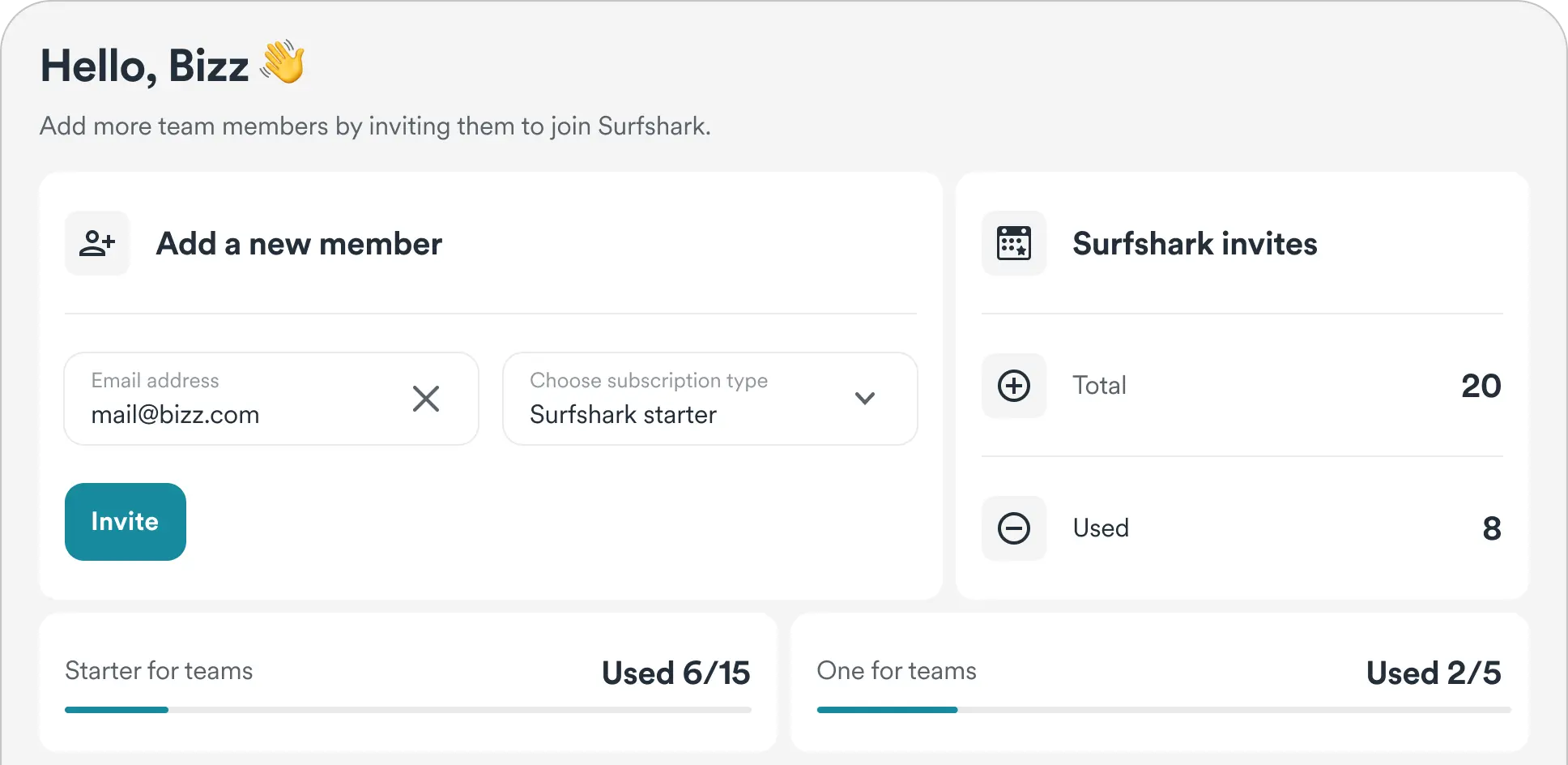 Surfsharks 팀 계정 관리자 패널의 스크린샷입니다.