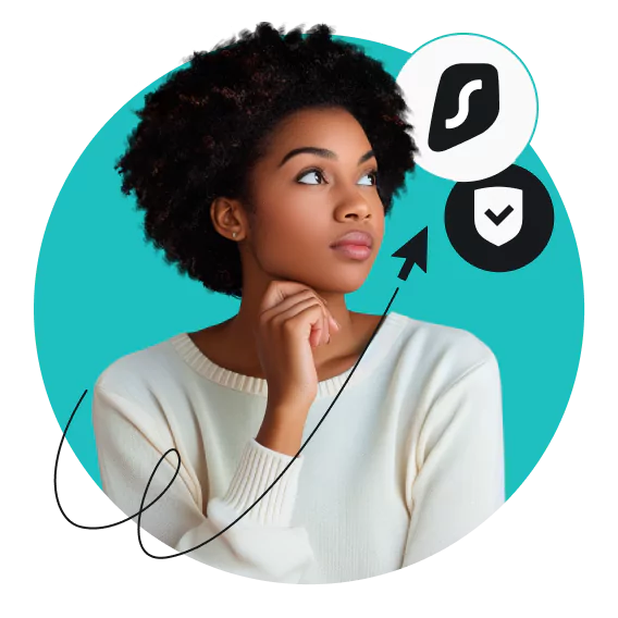 A woman with a contemplative expression looking at a checkmarked shield and the Surfshark logo next to her.